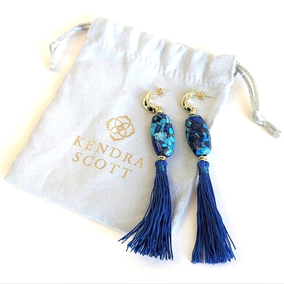 Kendra Scott Insley Statement Drop Earrings Blue Bronze Lapis Blue Tibetan Cord - Picture 2 of 7